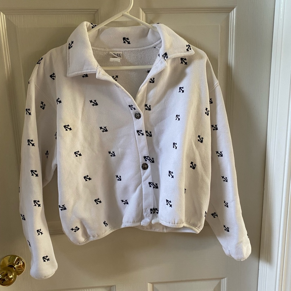 White Button Up Sweater with Blue Anchor Pattern